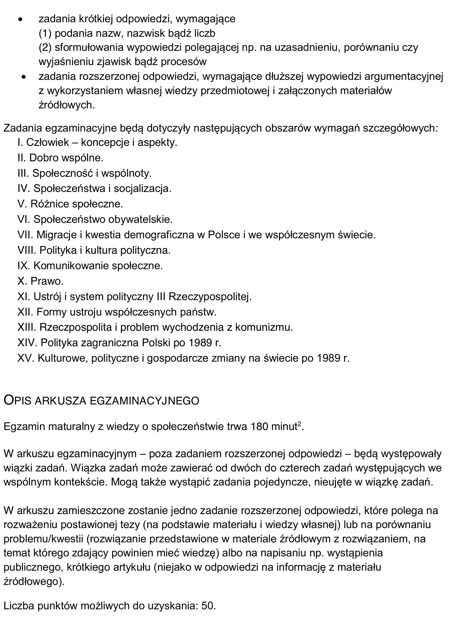 Opis arkusza egzaminacyjnego z WOS oraz 15 obszarów wymagań szczegółowych — fragment informatora CKE