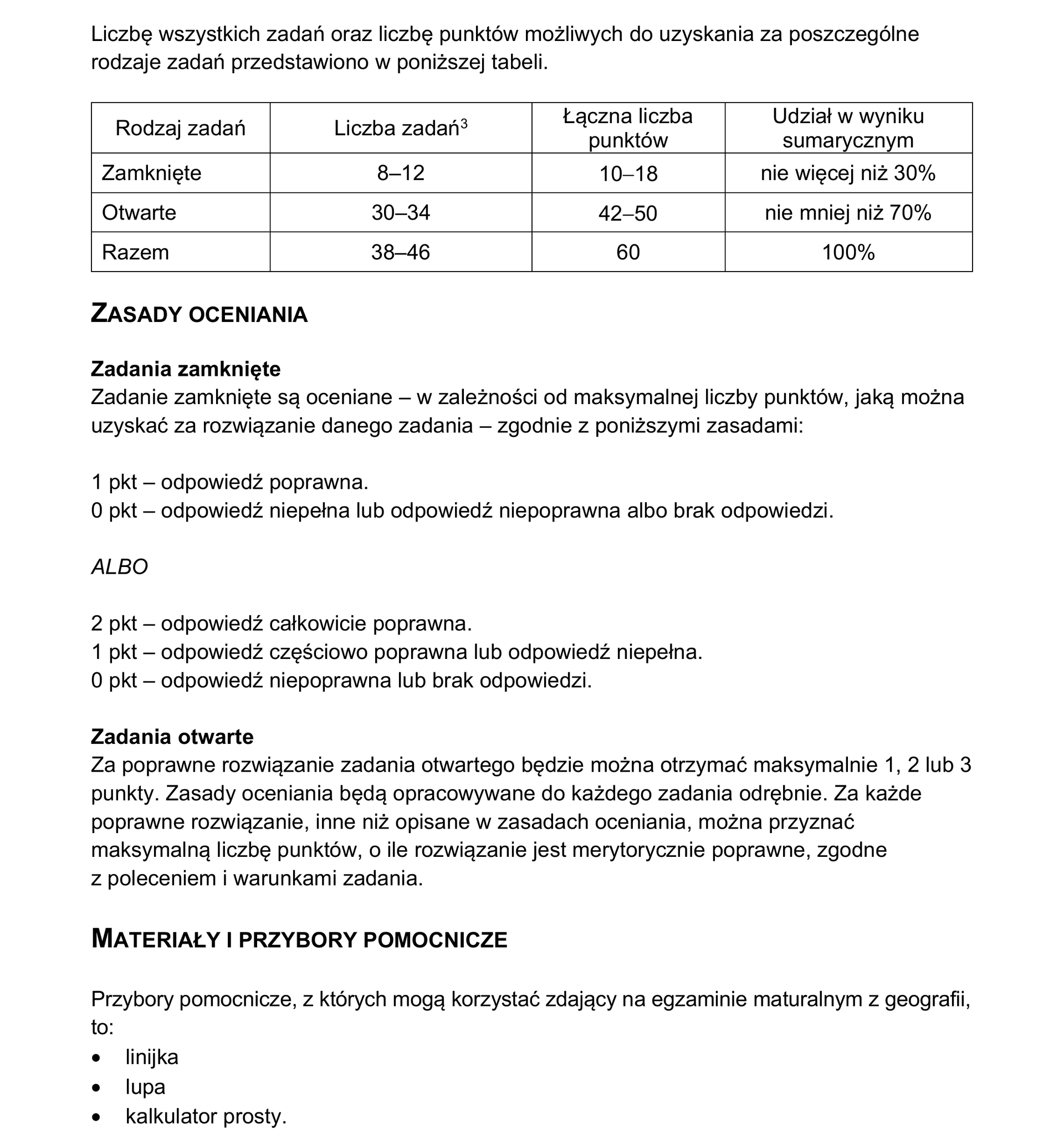 Struktura arkusza egzaminacyjnego, zasady oceniania i przybory pomocnicze z geografii — fragment informatora CKE
