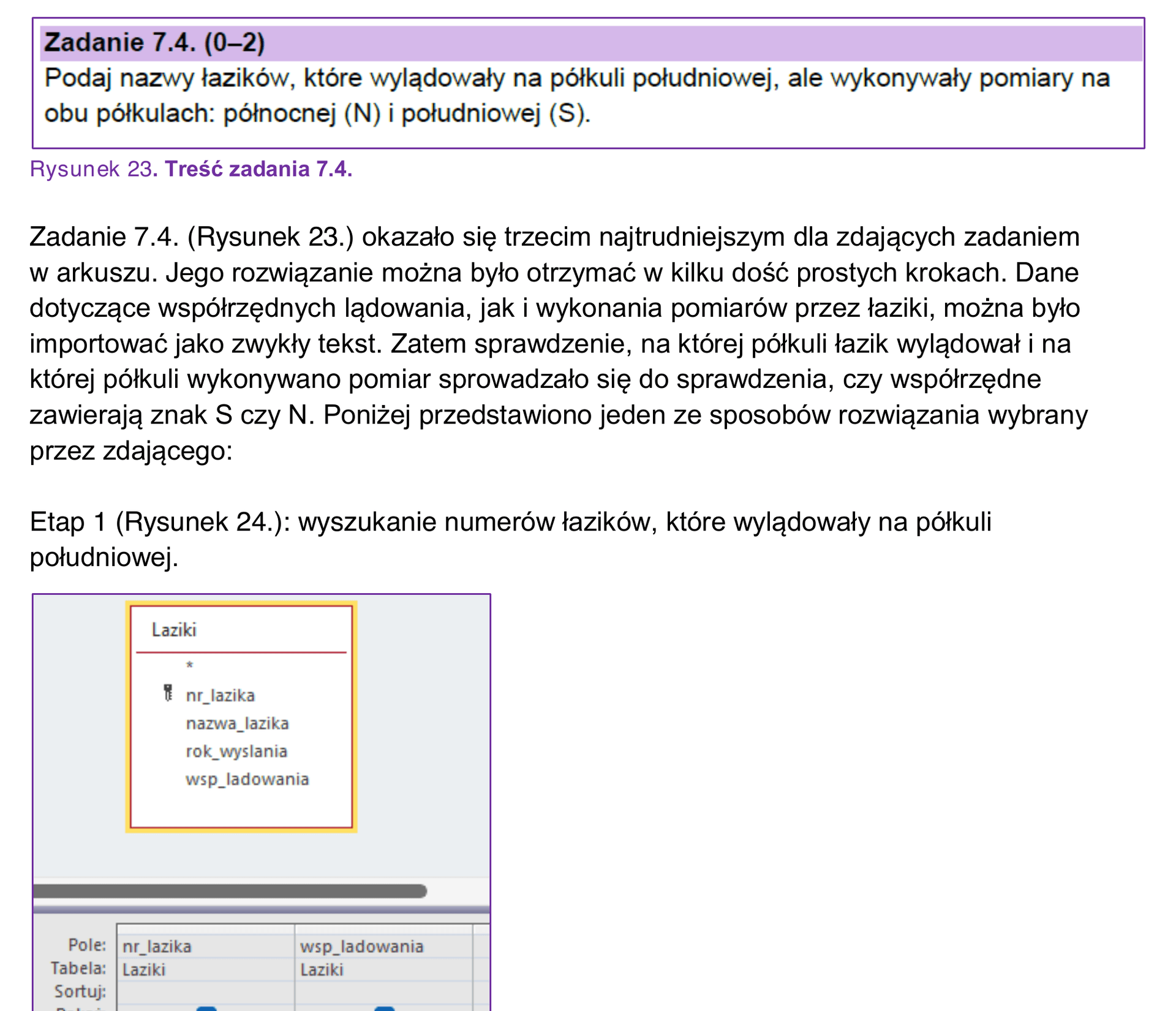 Zadanie 7.4. z arkusza maturalnego z informatyki — treść zadania bazodanowego i fragment rozwiązania w kwerendzie SQL