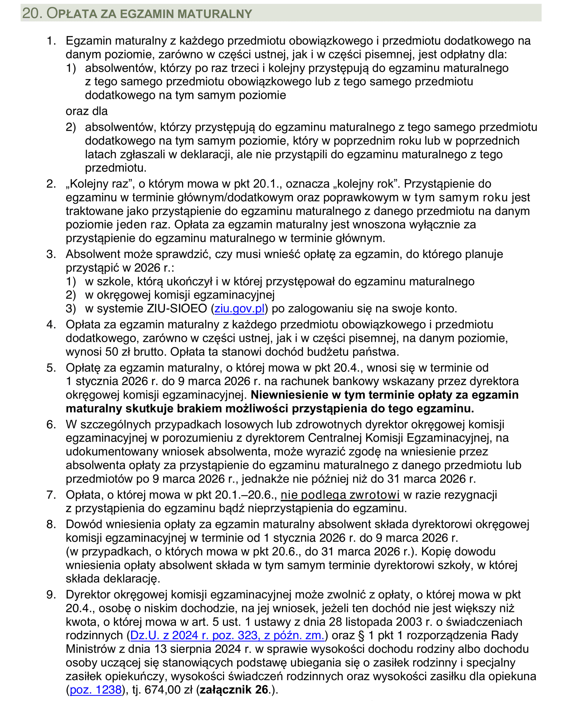 Zasady opłaty za egzamin maturalny — fragment dokumentu CKE