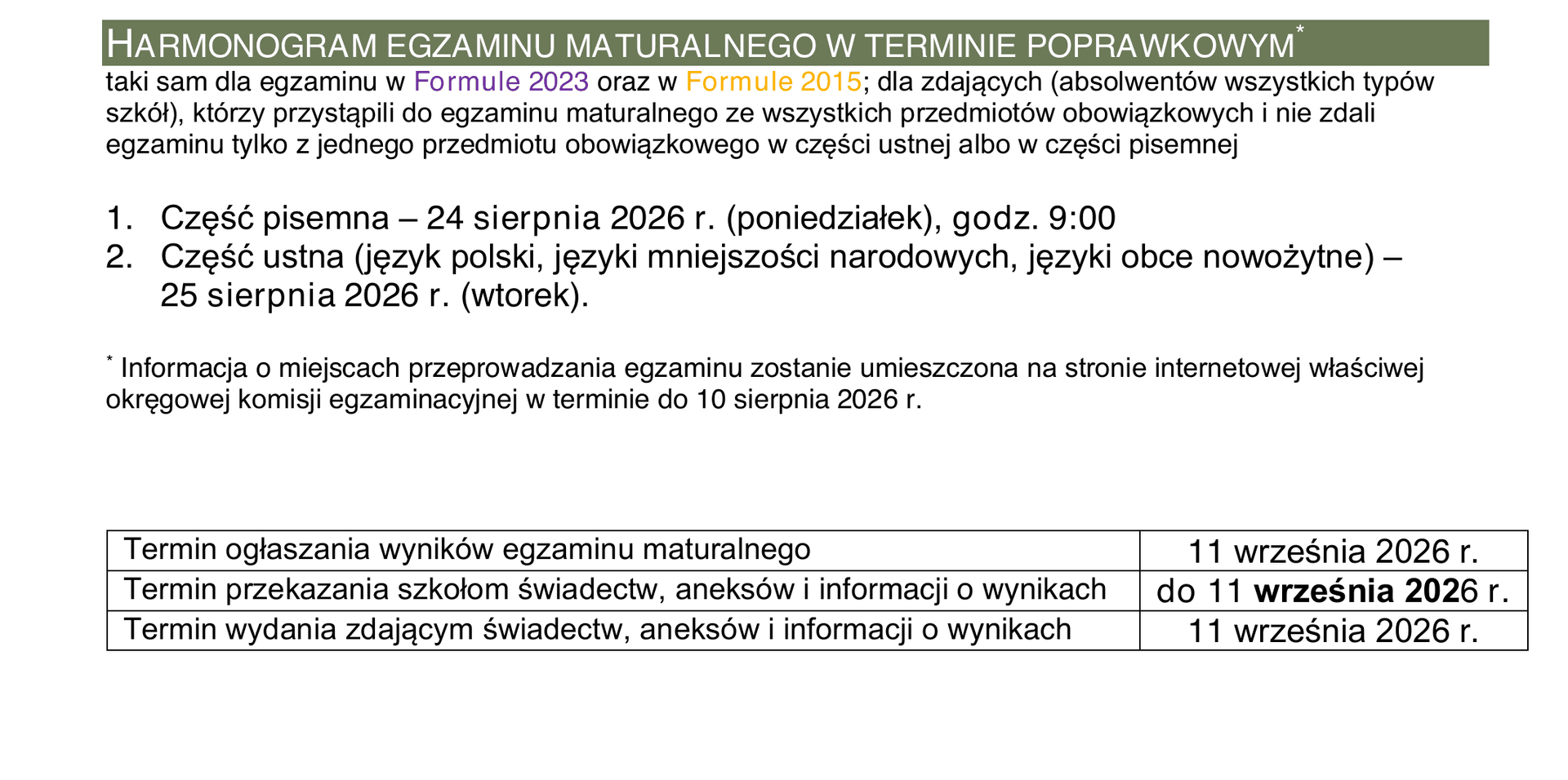 Harmonogram egzaminu maturalnego w terminie poprawkowym 2026 r. — fragment komunikatu CKE